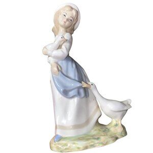 Vintage 1970's Tengra Hand-Painted Porcelain Figurine Girl With Ducks Made In Sp